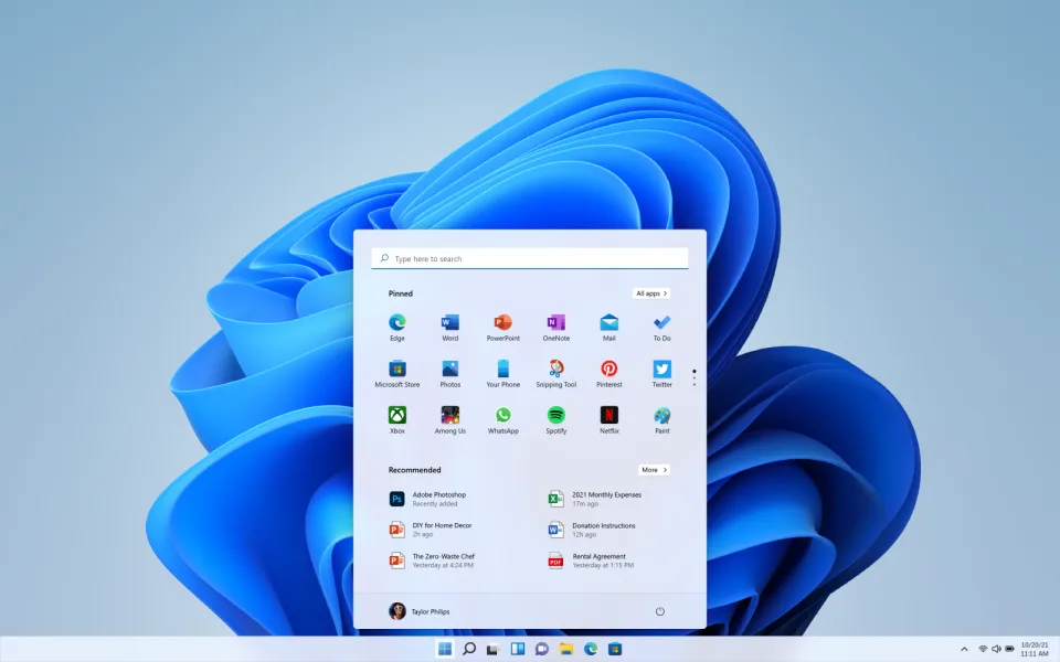 Menú Inicio de Windows 11 en un escritorio remoto